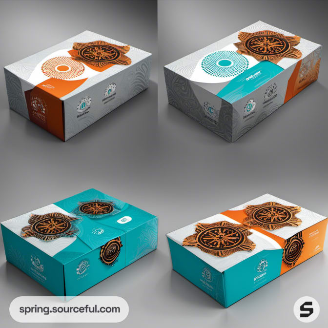 Four boxes with compass pattern in teal and orange on gray background.