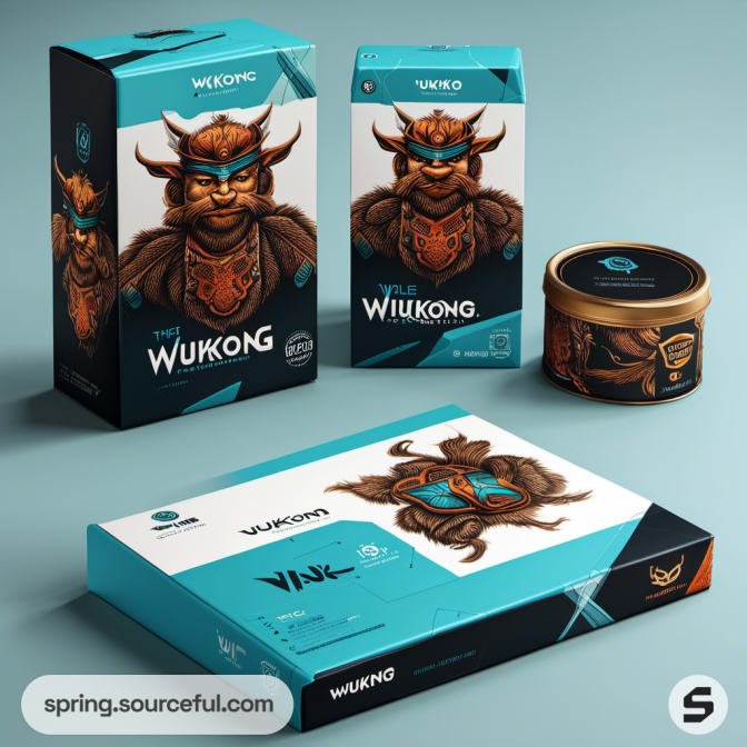 Boxes with mythical character illustration in teal and brown hues.