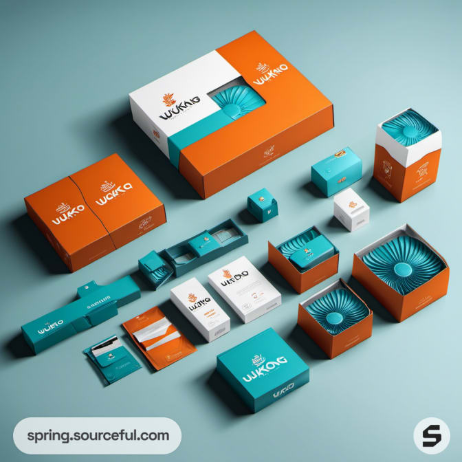 Orange and teal boxes with various sizes and white accents.