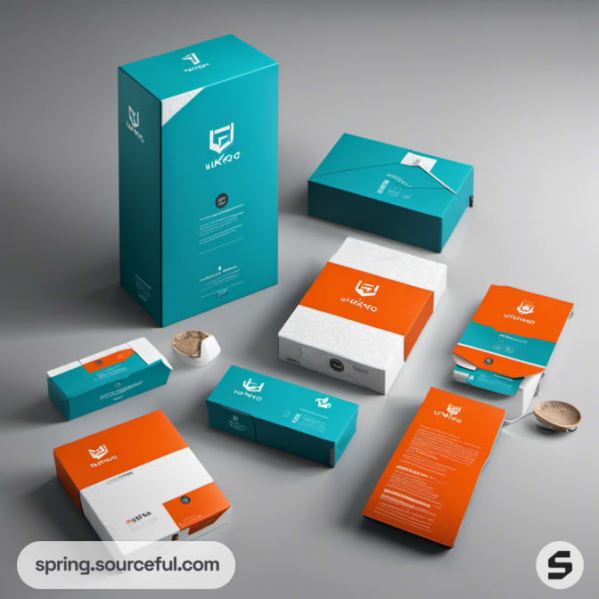 Teal and orange boxes with minimal branding on gray surface.