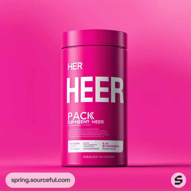 Pink cylindrical container with 'HER HEER' text on a vibrant pink background.