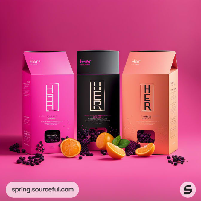 Three boxes in pink, black, and orange with fruit decorations on a pink background.