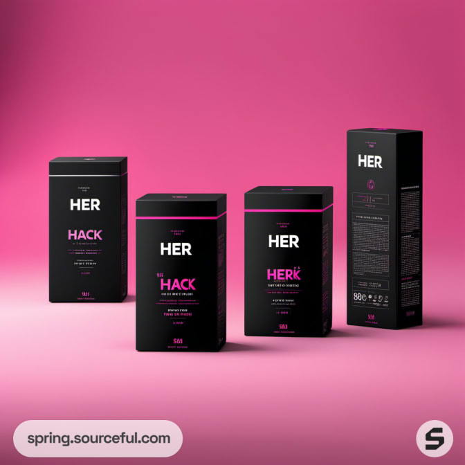 Set of black packaging with 'HER HACK' text, placed on pink backdrop.