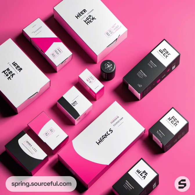 Assorted pink and black packaging boxes and jars arranged on a pink surface.