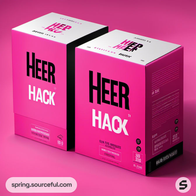 Two pink and black product boxes with 'HEER HACK' text on a pink background.