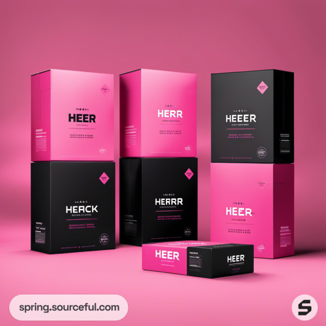 Stacked boxes in pink and black with 'HER HEER' text on a pink background.