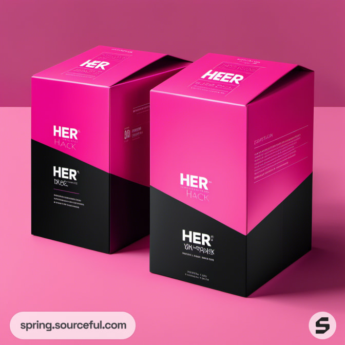 Two boxed products in pink and black with 'HER HACK' text on a pink surface.