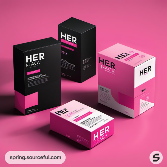 Four pink and black boxes with 'HER HACK' text, arranged on a pink background.