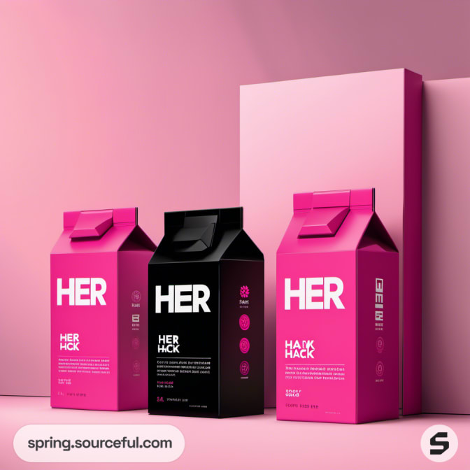 Three carton-like pink and black packages with 'HER' branding on pink backdrop.