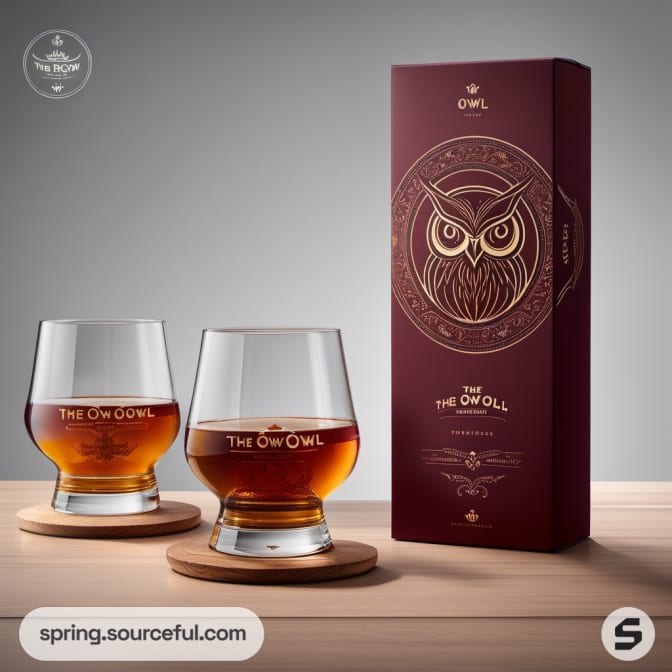 Two whiskey glasses with dark beverage next to a burgundy box featuring an owl design.