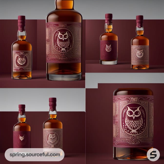 Assorted whiskey bottles showcasing owl-themed labels.