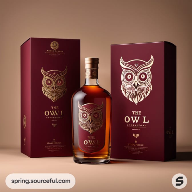 Single whiskey bottle with owl design next to matching burgundy packaging.