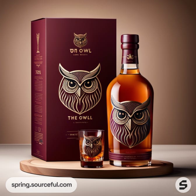 Whiskey bottle and glass with an owl design on burgundy packaging.