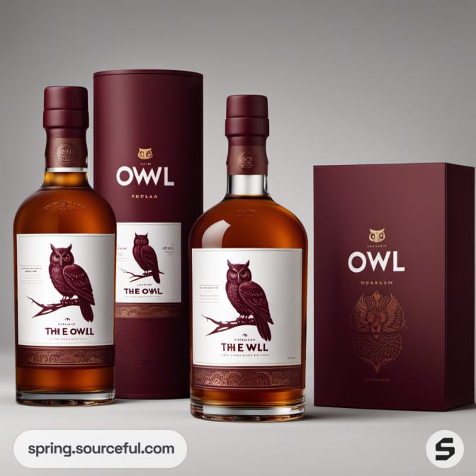 Two whiskey bottles with owl labels next to burgundy boxes.