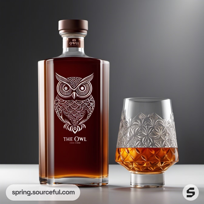 Whiskey decanter with owl engraving and a patterned glass.