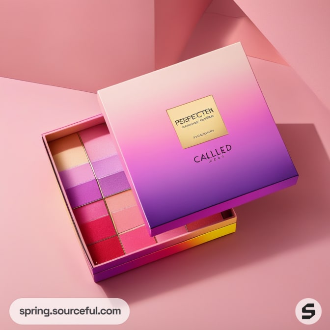 Open box of colorful items on pink gradient background.