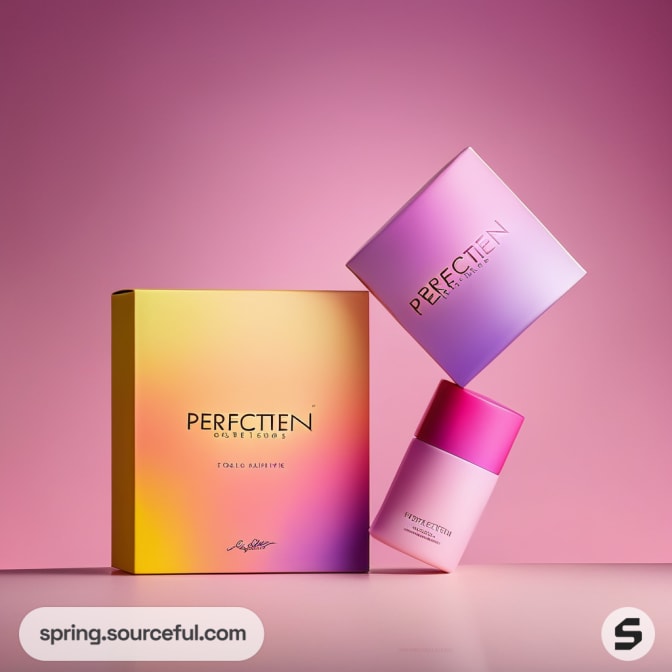 Gradient box and bottle with pink background.