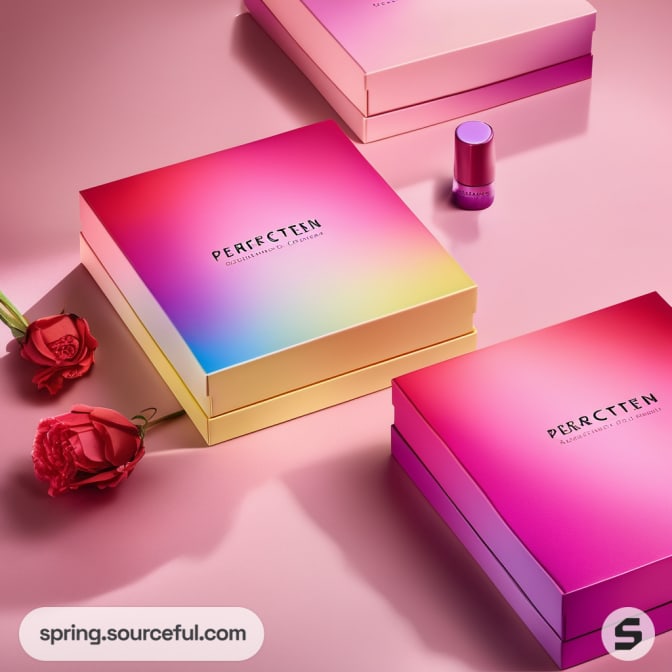 Colorful gradient boxes on pink surface with roses.