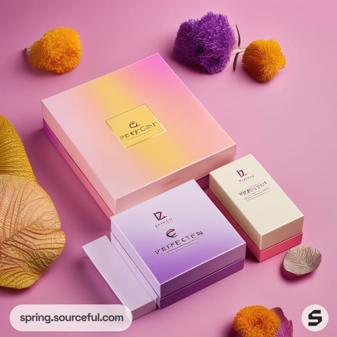 Gradient boxes with decor items on pink surface.