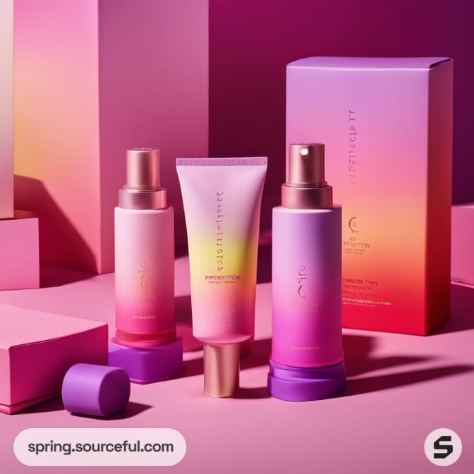 Gradient skincare bottles and box on pink background.
