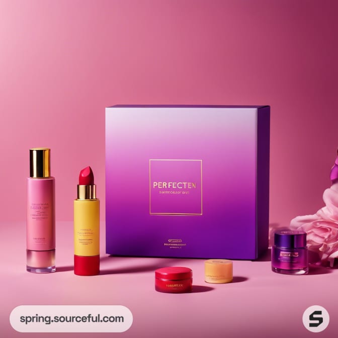 Skincare products with gradient boxes and pink backdrop.