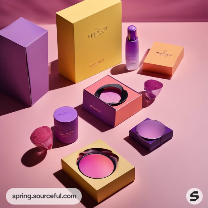 Assorted beauty products with gradient boxes on pink surface.