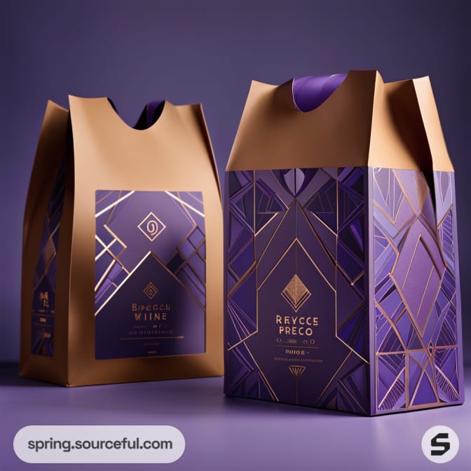 Purple and gold wine boxes with geometric patterns on purple backdrop.