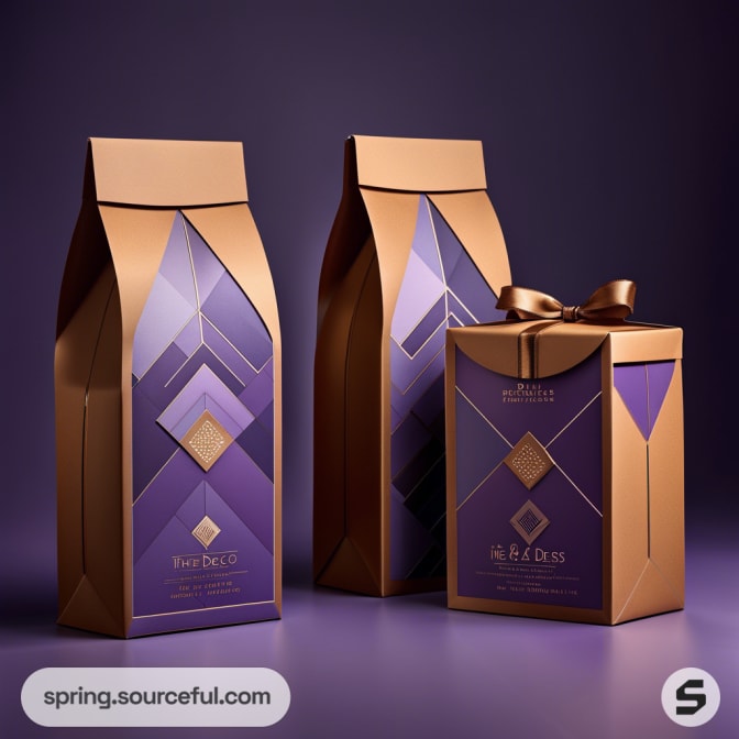 Elegant purple and brown wine boxes with geometric designs tied with a bow.