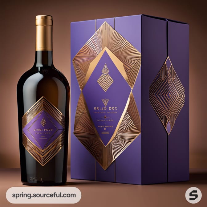 Wine bottle with purple and gold box featuring geometric design on brown backdrop.