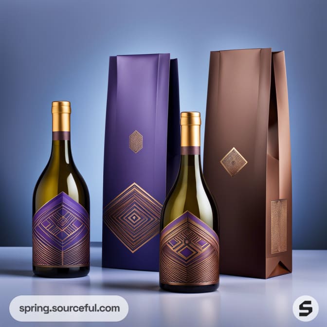 Wine bottles in purple and gold boxes, featuring geometric art on a blue background.