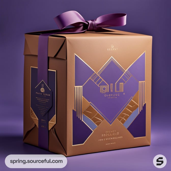 Purple box with gold geometric patterns and ribbon on purple background.