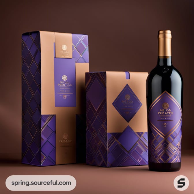 Wine bottle with purple and gold box featuring diamond patterns on a brown backdrop.