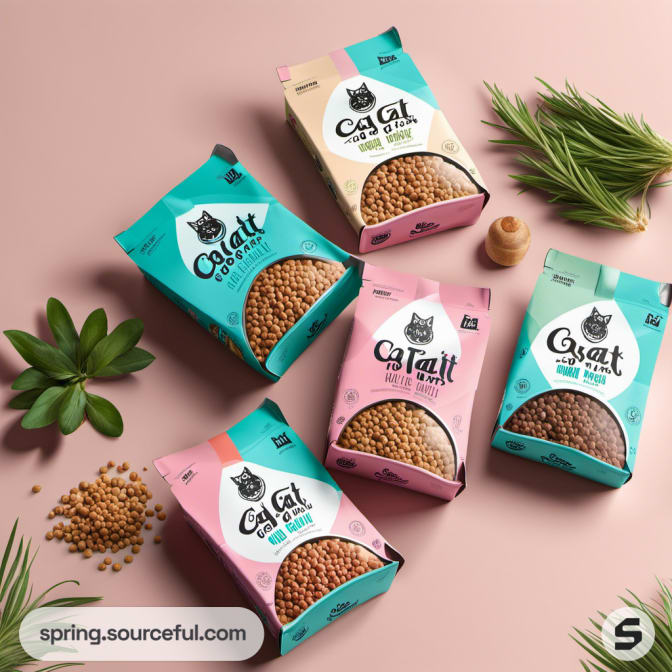 Five colorful cat food packages on a pink surface with plants.