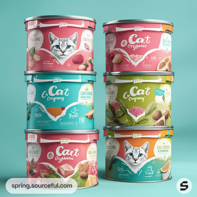 Stack of six canned cat food with cat images on teal background.