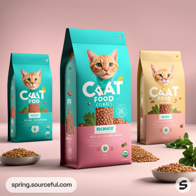 Three colorful cat food bags with cat images on pink and teal background.