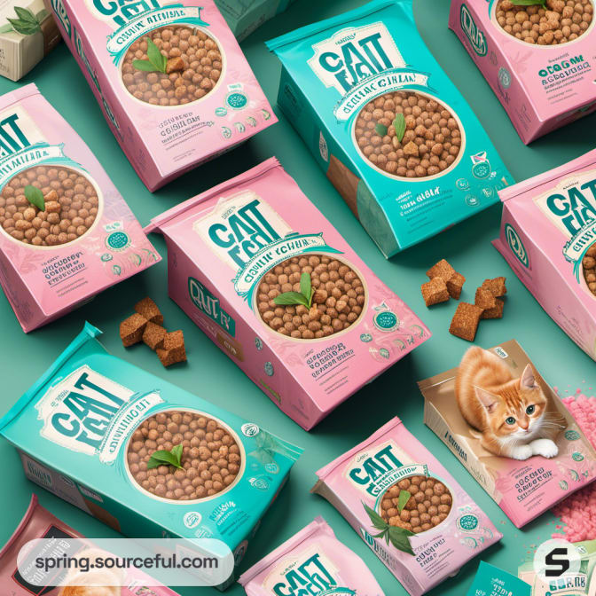 Multiple cat food boxes and pouches arranged on teal surface.