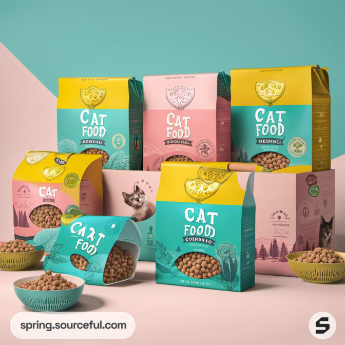 Assorted colorful cat food boxes with labels and bowls.