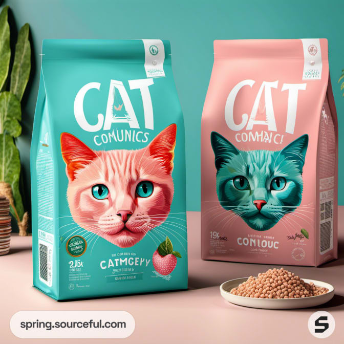 Two cat food bags with vibrant cat illustrations on pink and teal.