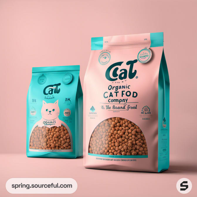 Two resealable bags of organic cat food with pink and teal design.
