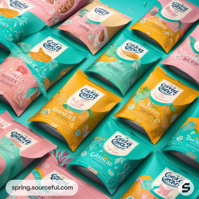 Assorted cat treats in colorful packaging on teal background.