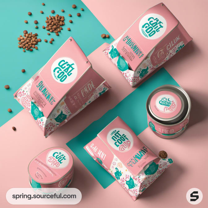 Various pink cat food packages and a jar on a pastel background.