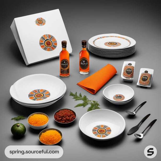 White plates and bottles with orange design, spices, and cutlery arranged on a table.