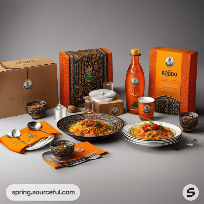 Plates, bowls, and ornate boxes with orange designs, decorative bottles, and spoons on display.