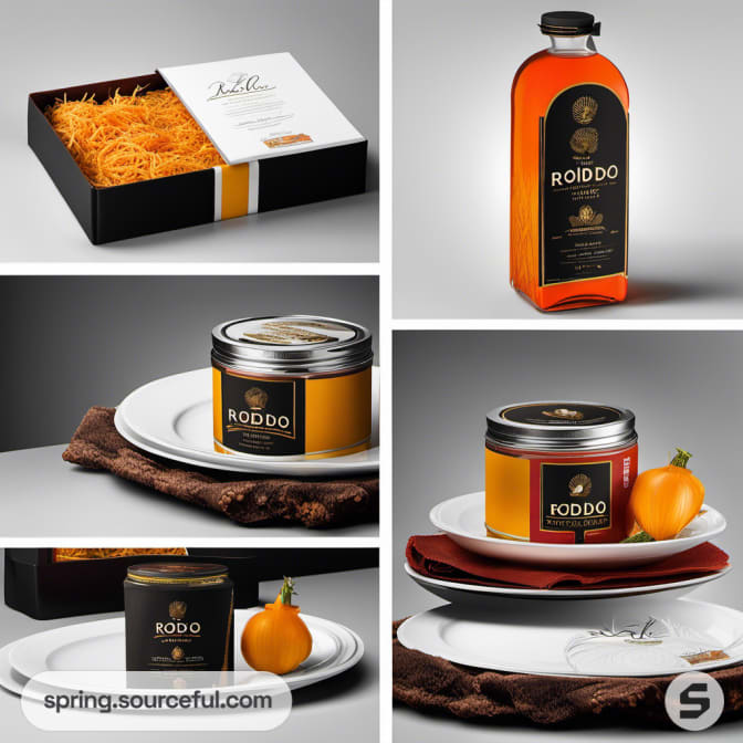 Gift box with orange filling, jar and bottle with gold accents on plates, showcased elegantly.