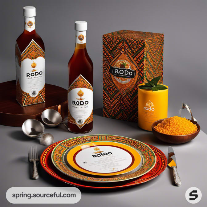 Ornately decorated bottles and plates with orange designs, surrounded by cutlery and spices.