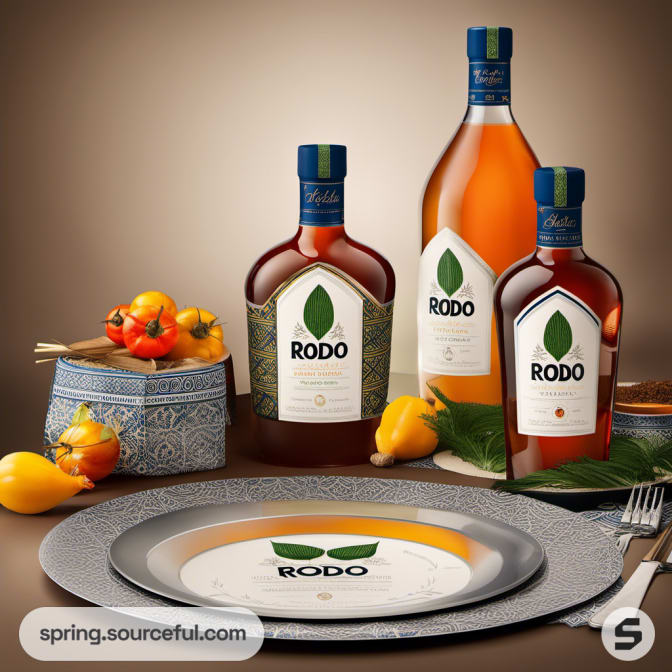 Bottles with leaves and orange accent, decorative plate, and peppers on display.