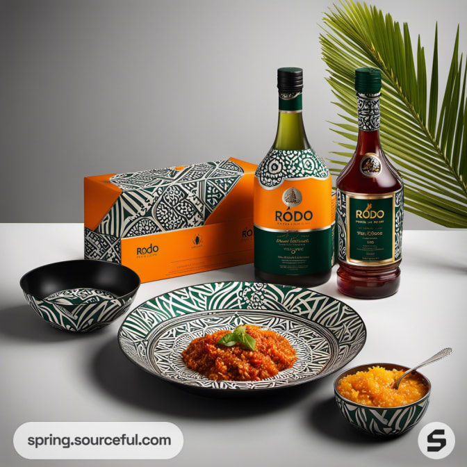 Decorative green patterned bottles and bowls with sauce and spice, orange gift box behind.