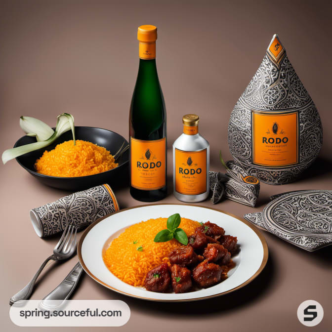 Elegant bottles and dishes with intricate designs, displayed with yellow rice and ornaments.