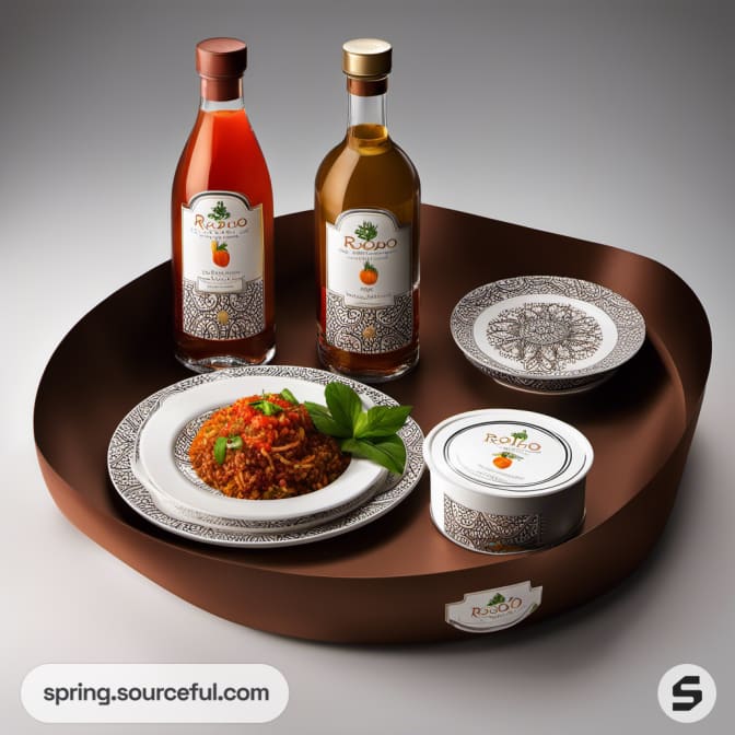 Bottles on a brown tray with decorated plates and canned meal, minimalist setting.
