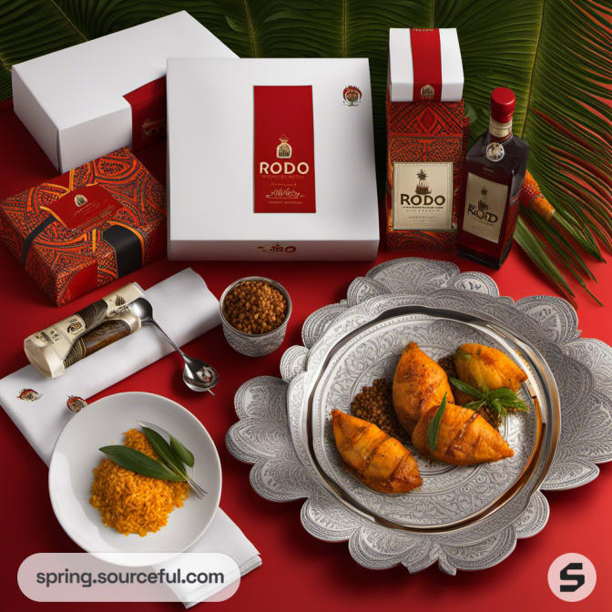 Luxury packaging of spiced dishes with ornate red box and silver platter presentation.